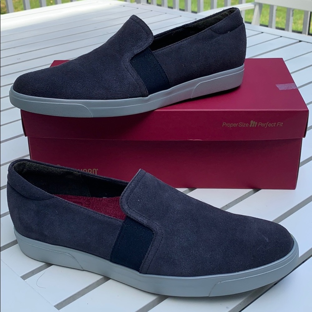Munro blue suede slip on sneakers.